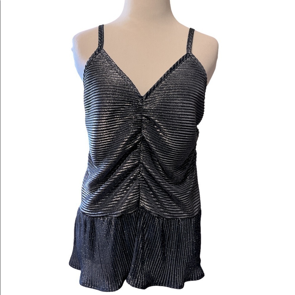 A love story brand navy blue and silver metallic ruched front peplum cami tank